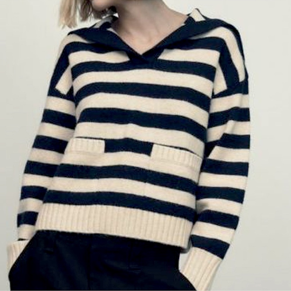 ZARA STRIPED KNIT SWEATER ECRU/NAVY